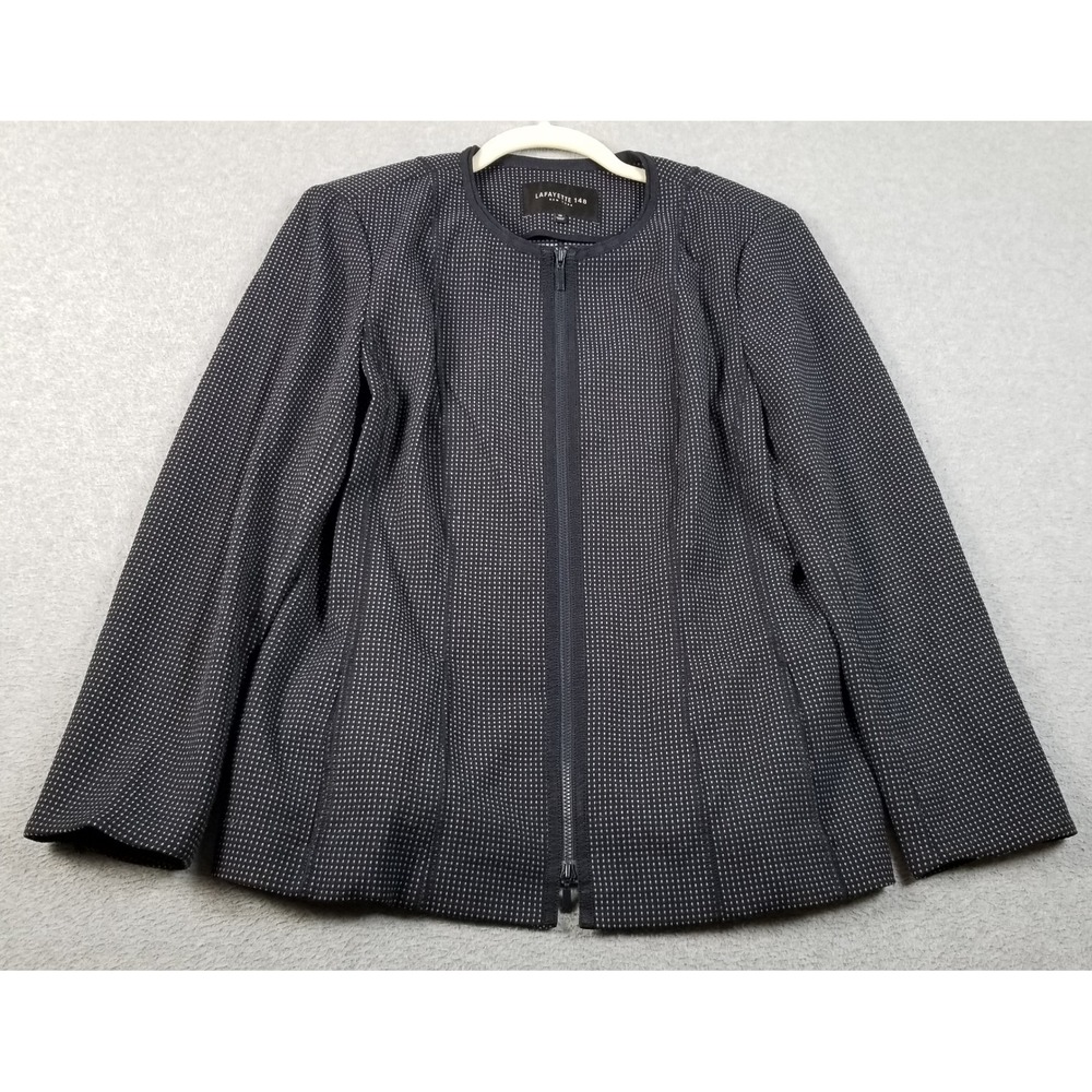 Lafayette 148 Blazer Jacket Women's 10 Dark Blue White Micro Pin Dot Full Zipper